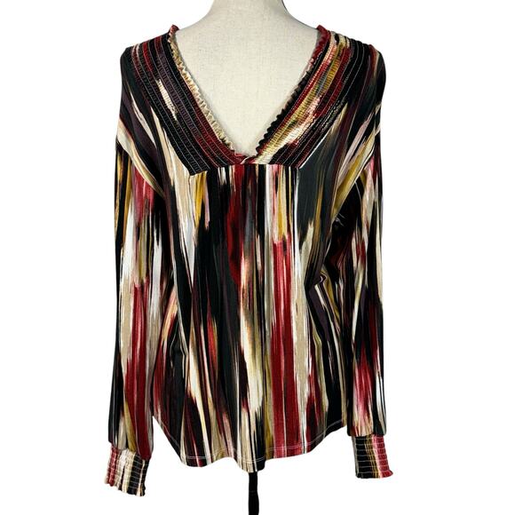 Zac & Rachel Large Top Abstract Striped Smocked V-Neck Long Sleeve Stretch Multi - Picture 5 of 9